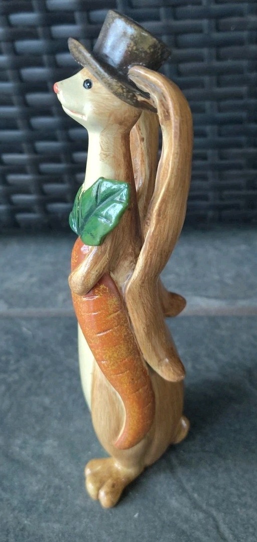 Bunny Rabbit Figurine Whimsical 8" Long Eared W/ Carrot Top Hat Easter Decor
