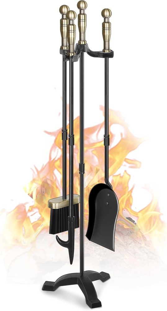 Fireplace Tools Set 4 Pcs 30 Inch Black Wrought Iron Large Fire Tool Set
