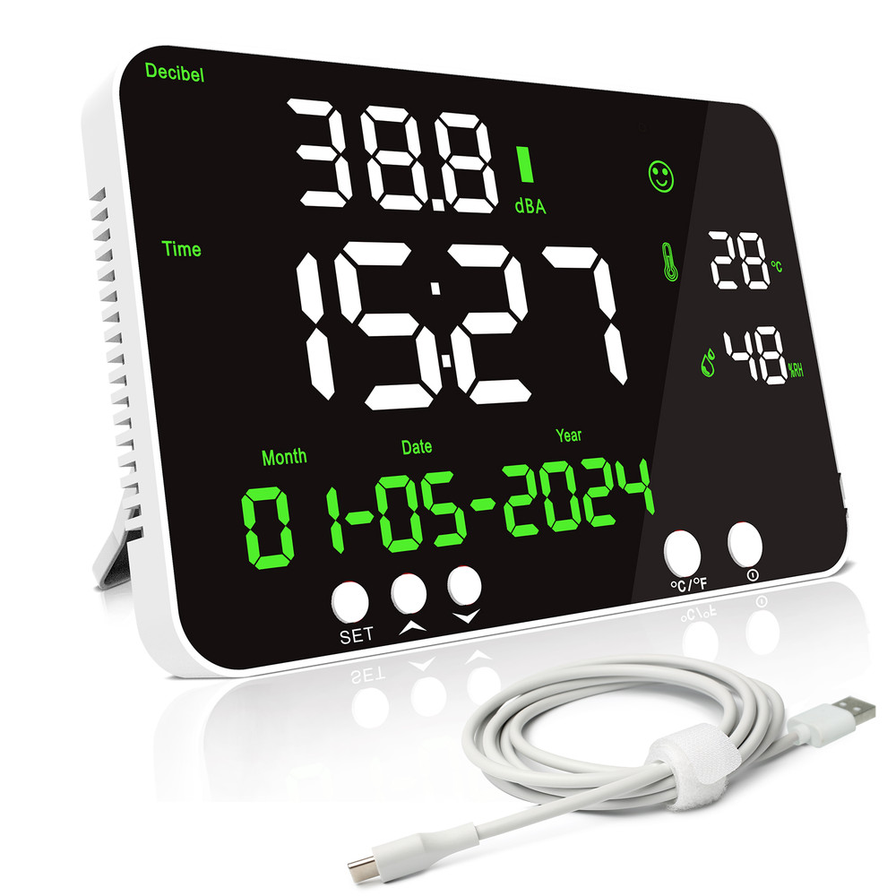 Decibel Meter Sound Level Reader LED Time Temperature Humidity Noise Meter