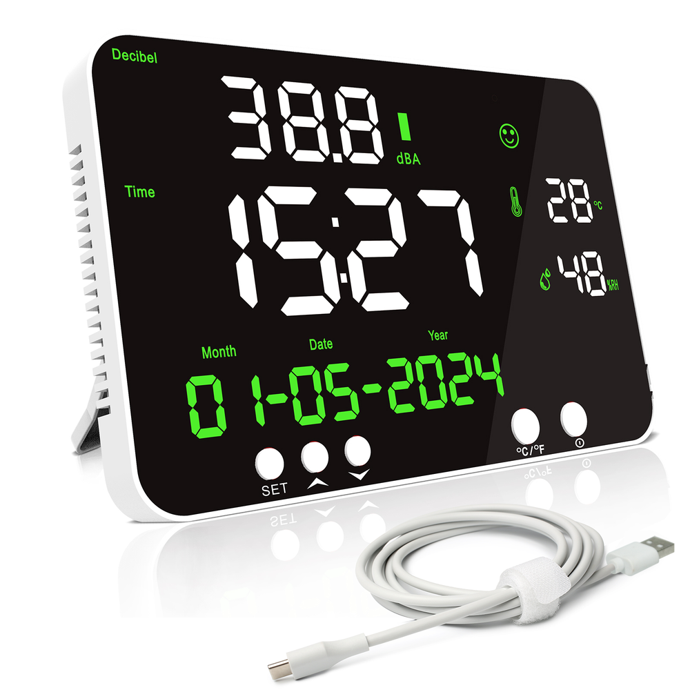 Decibel Meter Sound Level Reader LED Time Temperature Humidity Noise Meter