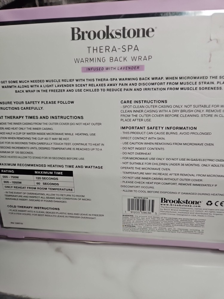 Brookstone Thera Spa Warming Back Wrap, Lavender Infused, Microwave Safe