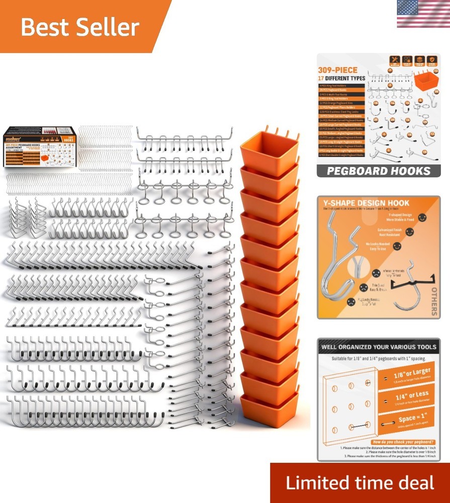 309 PCS Pegboard Hooks Assortment Kit – 17 Types Heavy Duty Peg Board Hooks &...