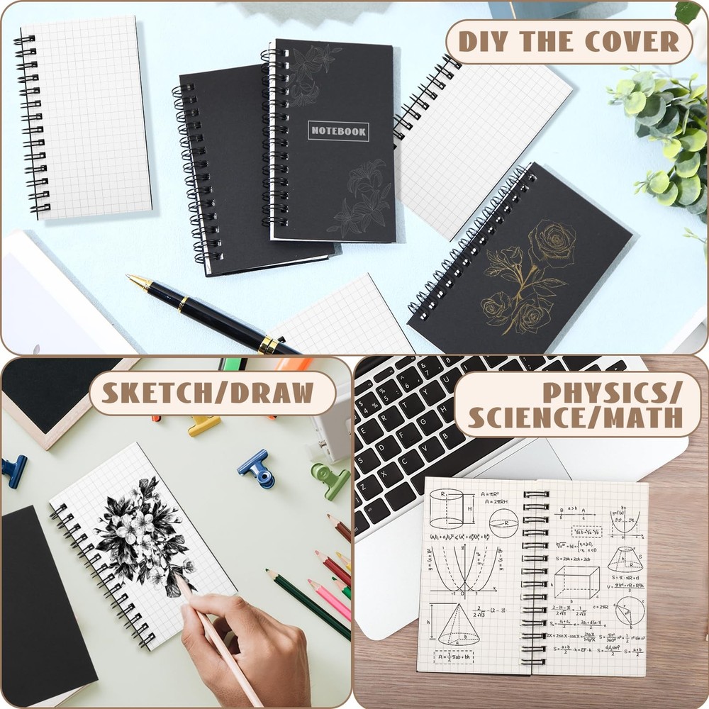 Jutom 2 Pcs Small Graph Paper Pads Notebook Mini Spiral Notebooks Grid Black