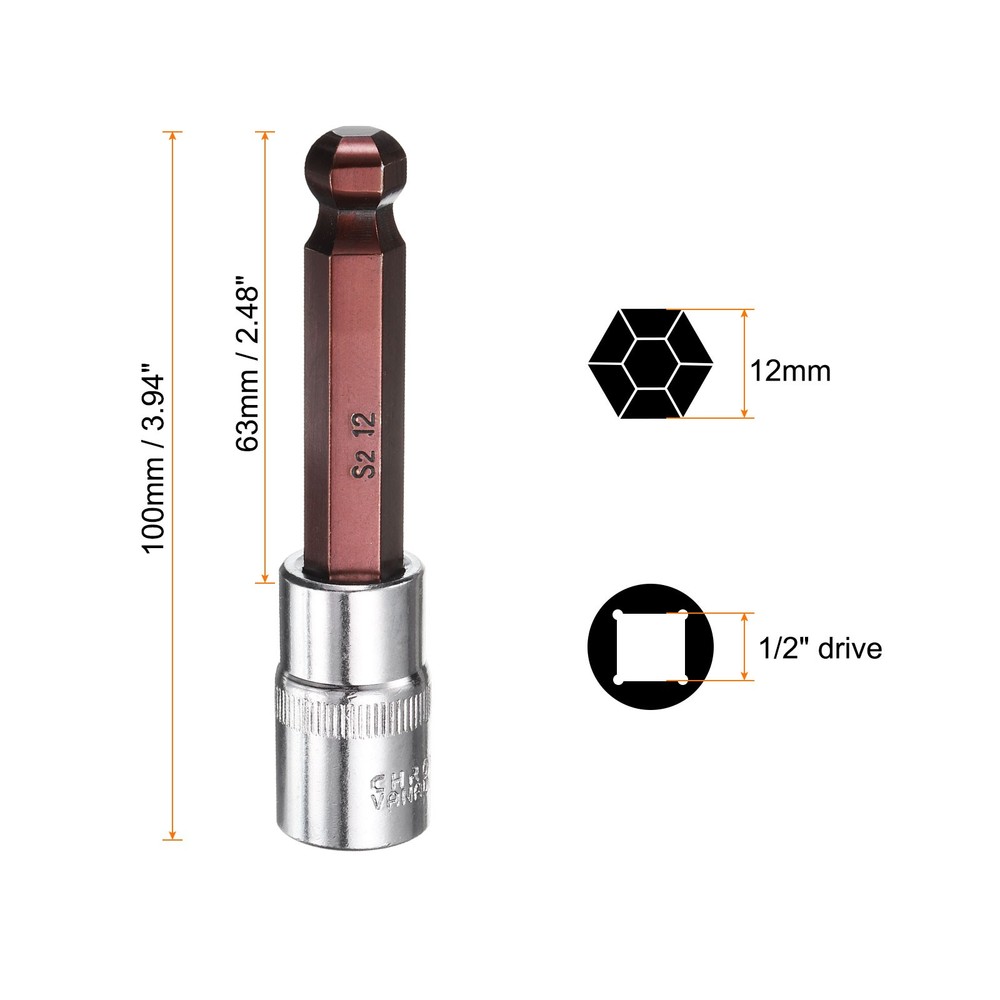 2pcs 12mm Ball End Hex Bit Socket 1/2" Square Drive Metric Extension Impact Bit