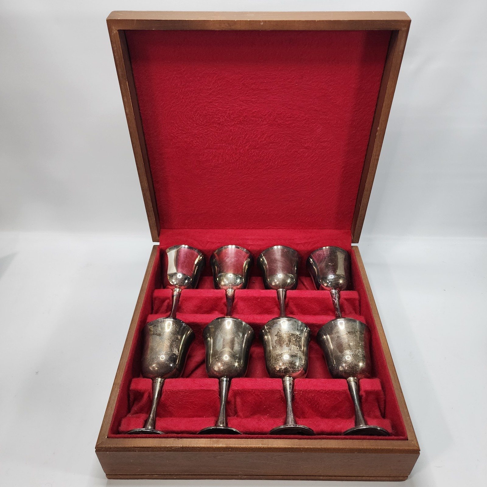 Set of 8 Vtg SALEM Portugal Silverplate water/wine Chalices/Goblets, 6.75" Case