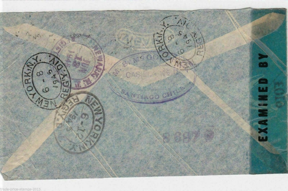 CHILE TO US 1941 COVER , MULTI CANCELS ON REVERSE & CENSOR. REF R385