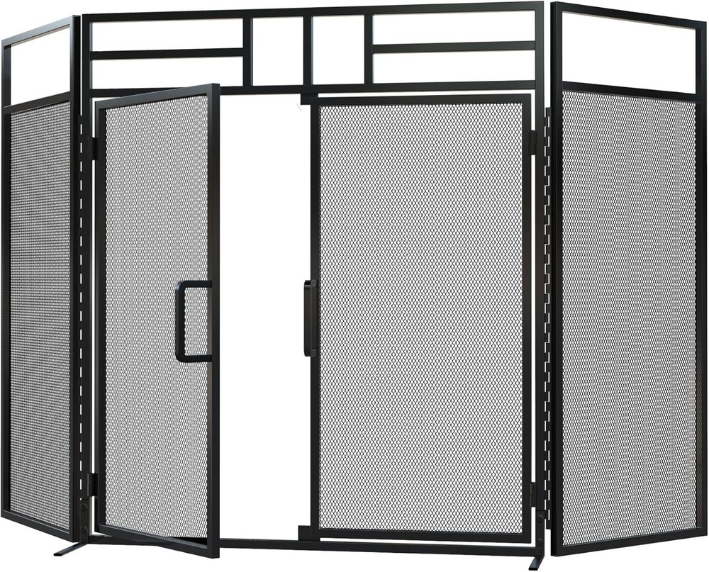 3-Panel Folding Fireplace Screen with Magnetic Hinged Doors, Solid Wrought