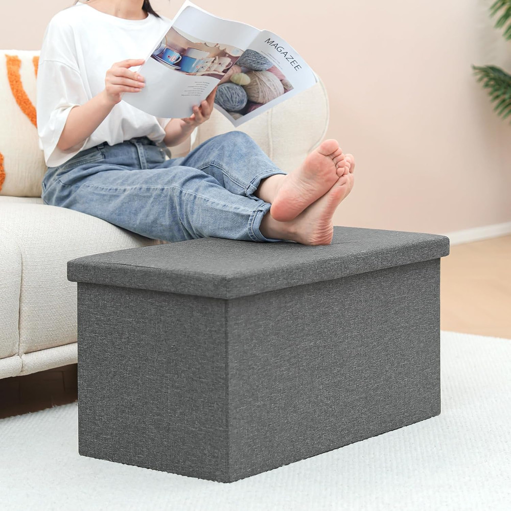 Versatile Folding Storage Ottoman Bench, 30" Grey Cube, 550 lb Capacity