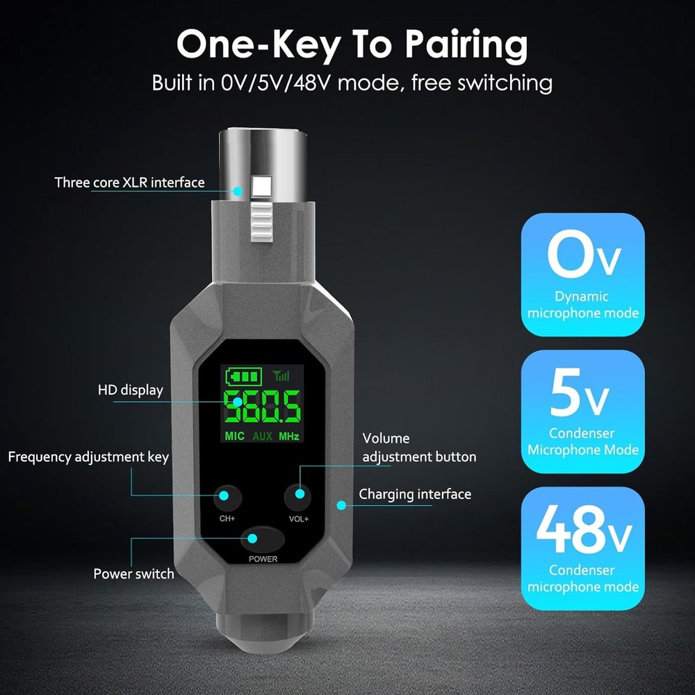 Wireless XLR Transmitter & Receiver: UHF Wireless Microphone System for 8-Hours