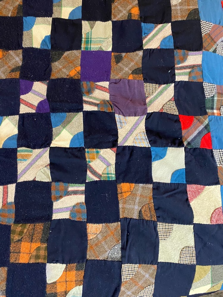 1920s Wool Quilt Drunkard’s Path Variation Antique Patchwork Blanket Heavy 80x65