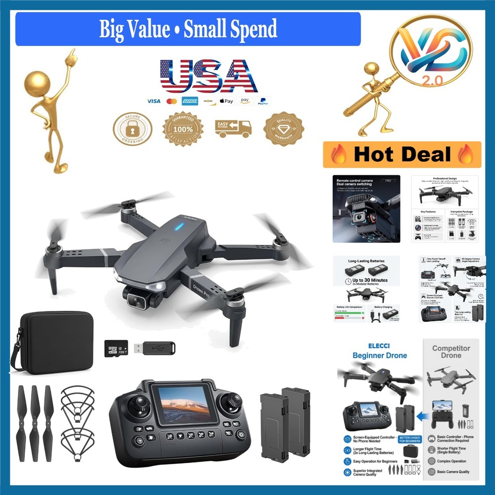 Foldable Drone with Screen Controller 1080p HD Camera 2 Batteries Beginner