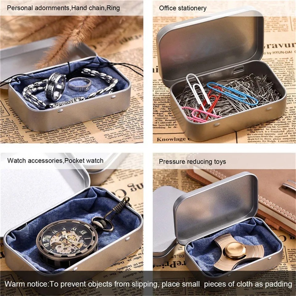 Metal Rectangular Mini Tin Storage Box with Lid Portable Organizer Case