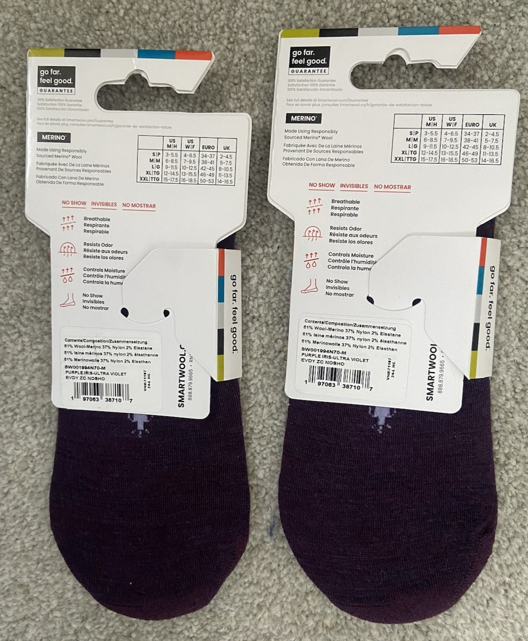 Lot of 2 pairs SmartWool Invisibles No Show Zero Cushion Socks Purple Violet M