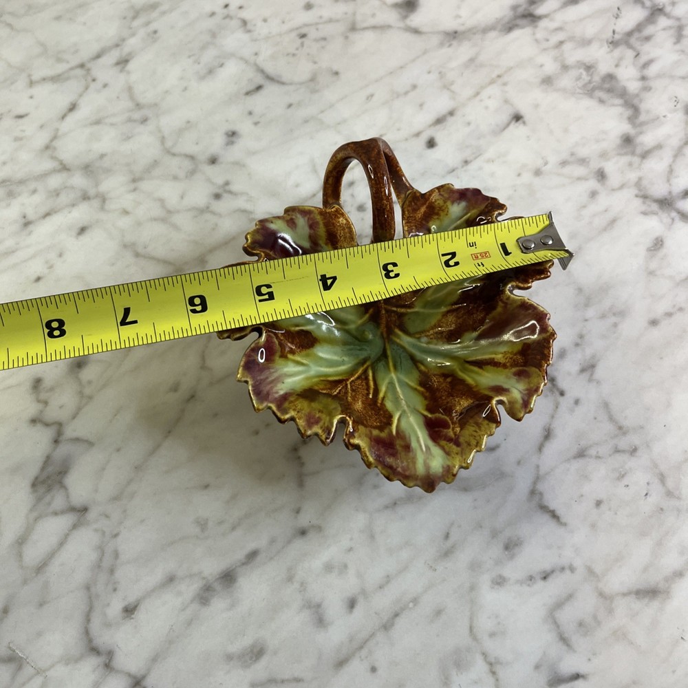 Vintage Maple Leaf Dish Green Brown Ceramic Double Loop Handle MCM