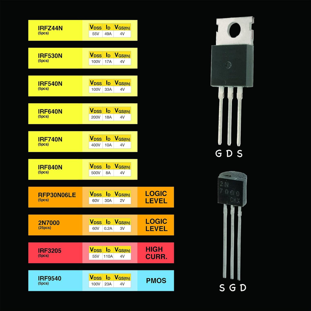 EEEEE 10 Values 70 Pcs Logic Level PMOS NMOS Kit MOSFET Transistor Assortment Ki