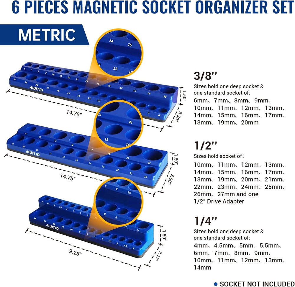 6-Piece Magnetic Socket Organizer Set, Magnetic Socket Holder Includes 1/4", ...