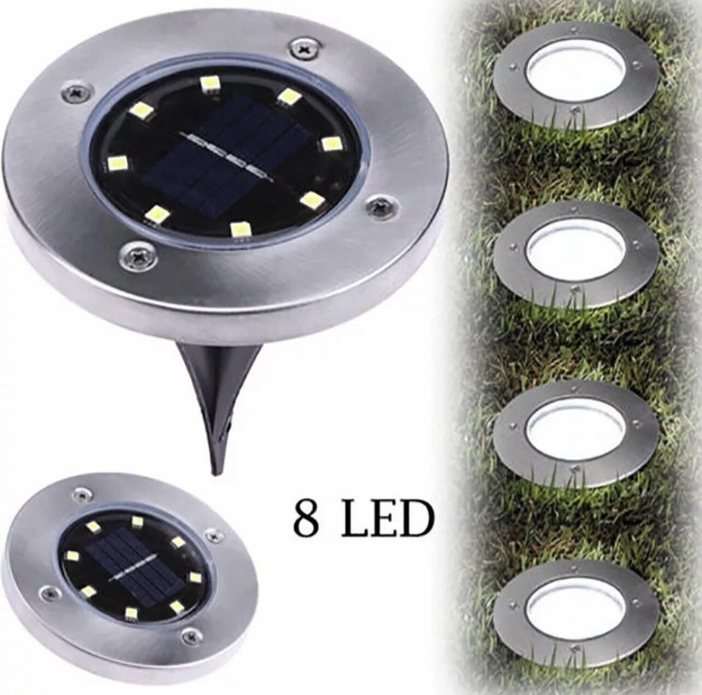 4x Disk Light Spotlight Twilight Garden 8 LED with Solar Panel