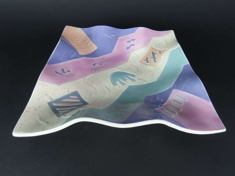 Signed Pottery Ruffled Edge Centerpiece Bowl