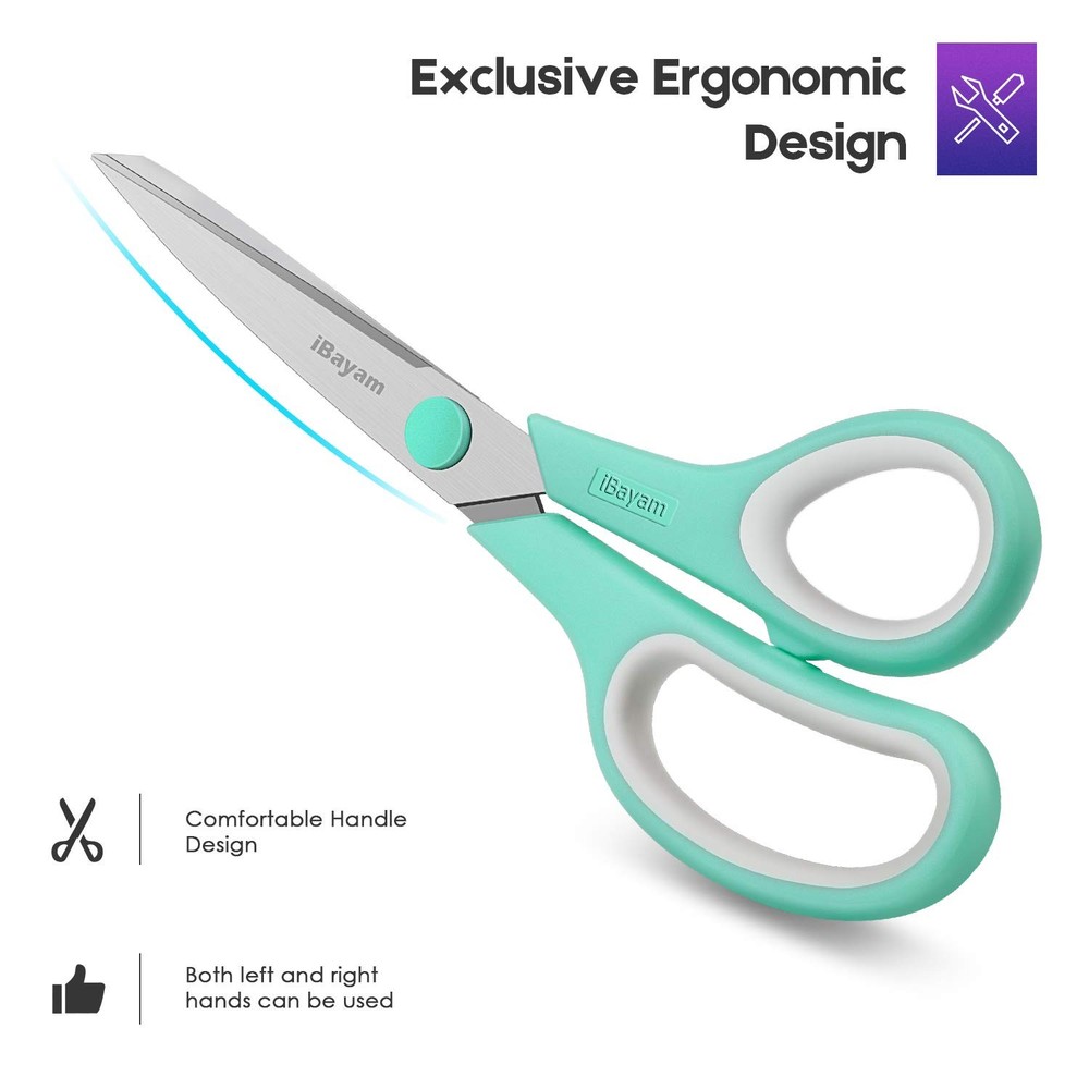 Scissors, iBayam 8" All Purpose Scissors Bulk 3-Pack, Mint, Grey, Purple