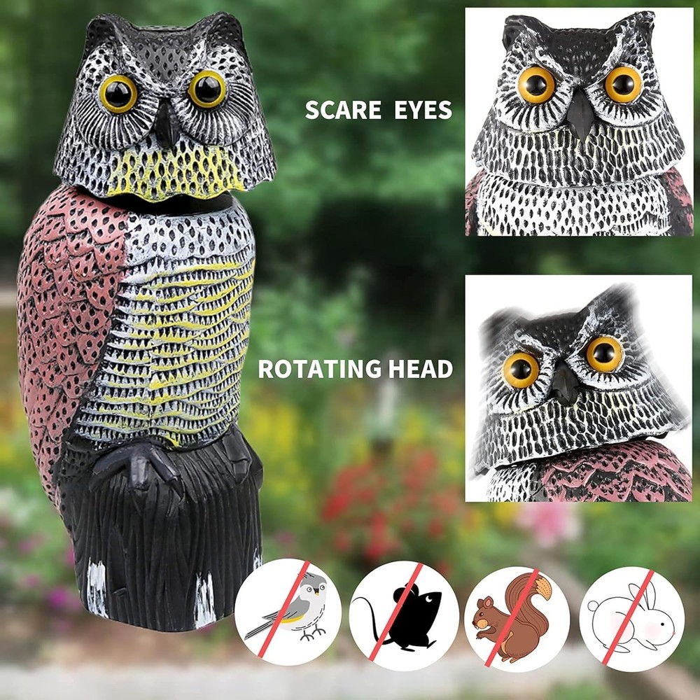 Realistic Rotating Head Owl Decoy for Bird & Pest Deterrence