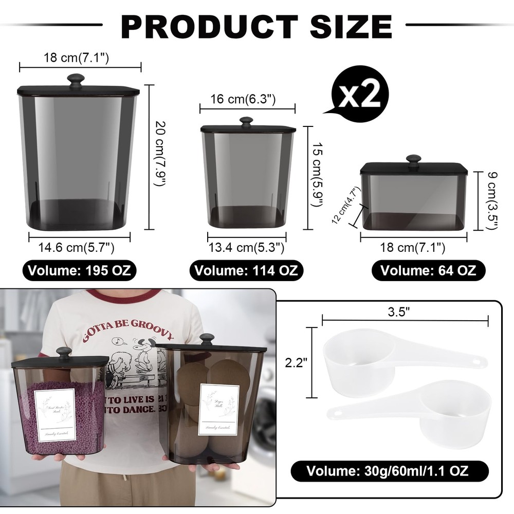 4 Pack Laundry Detergent Containers & Dryer Holder with Black Lids, Scoops & ...