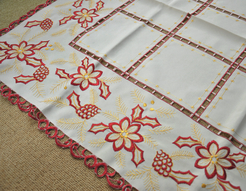 Elegant Beige Embroidered Polyester Square Tablecloth Xmas 33" Cutwork