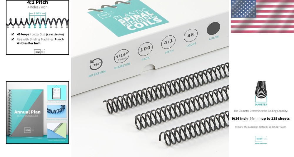 Plastic Spiral Coils, 100 Pack, 14mm, 115 Sheet Capacity