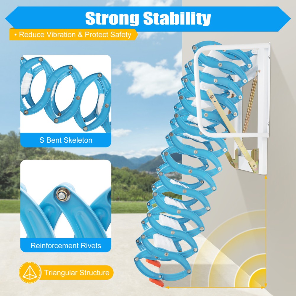 12 Steps Attic Ladder Folding Loft Ladder Wall Mounted Pull Down Attic Stairs
