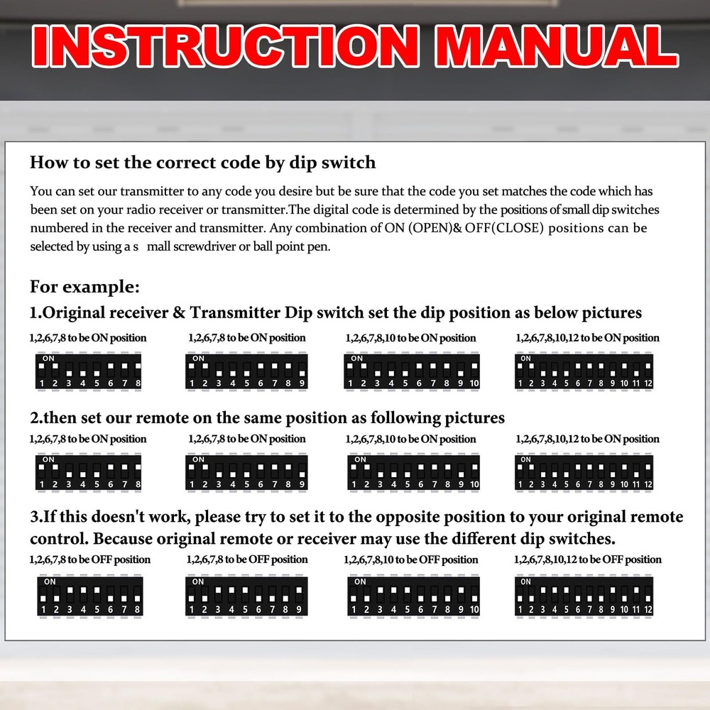 Kingdder 3 Pcs Garage Door Remote 8 Dip Switch Compatible with Linear black