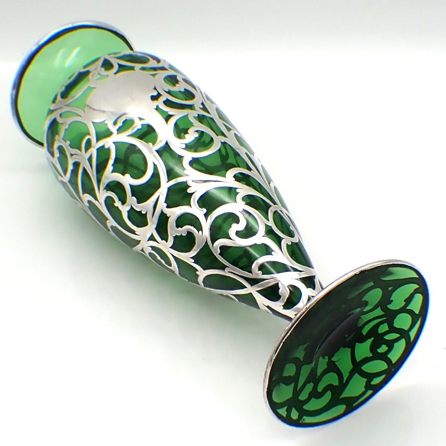 Green Glass Vase Silver Overlay