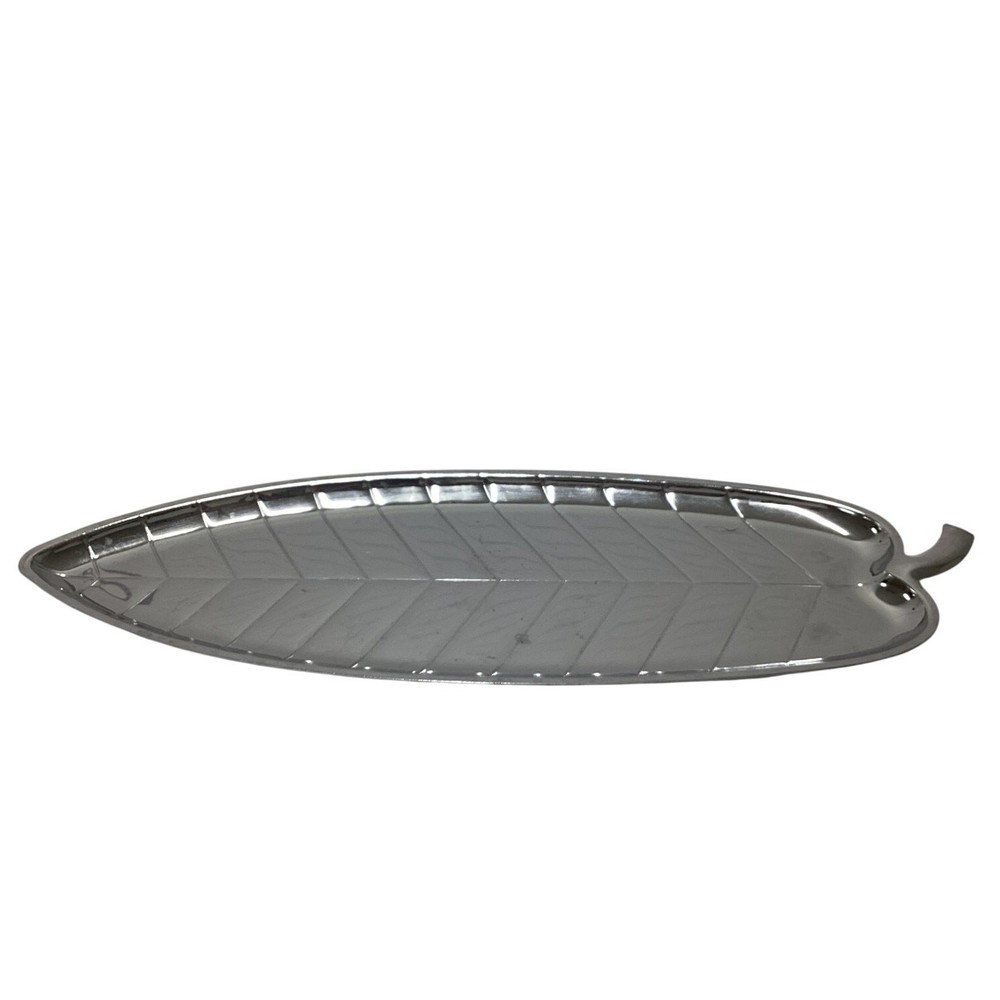 Silver Tone Leaf Shaped Metal Tray Dish 15”