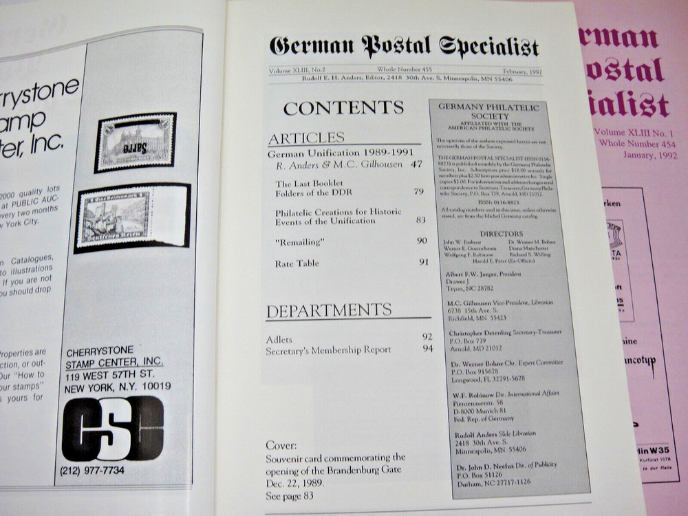 German Postal Specialist Philatelic Journals January February 1992