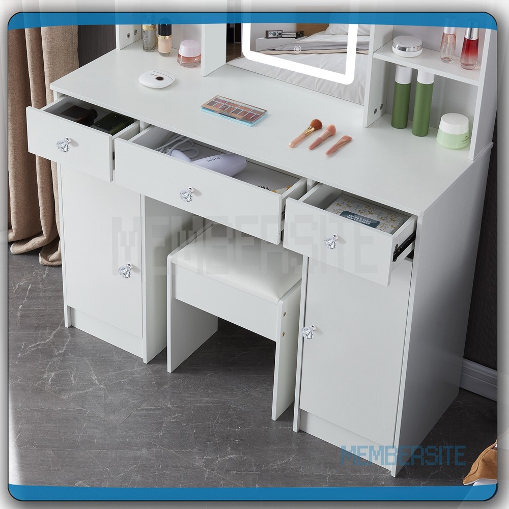 Vanity Table Makeup Dressing Desk with Smart LED Lighted Mirror and Stool White
