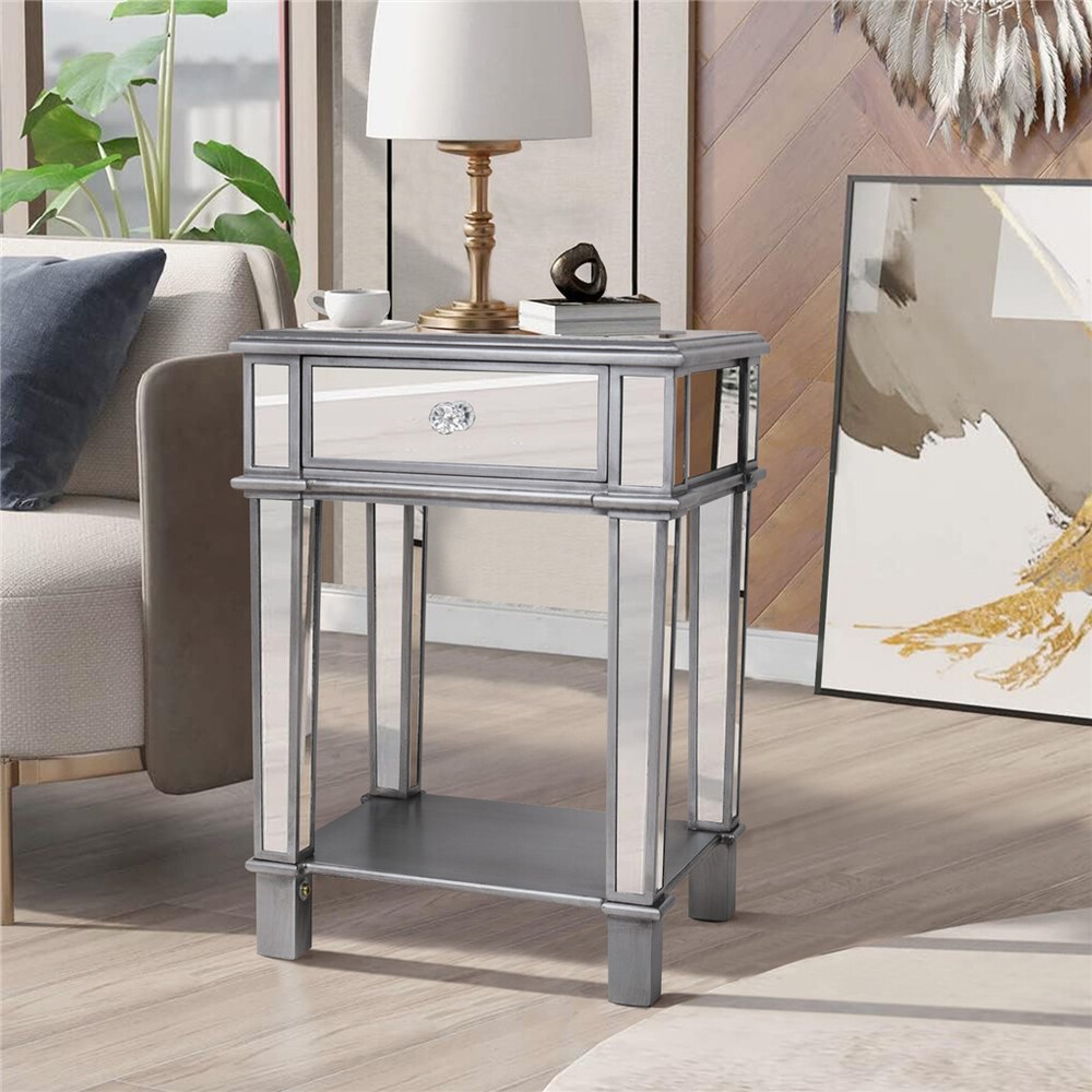 2Tier Modern Silver Mirrored Side End Table Nightstand Bedside Table with Drawer