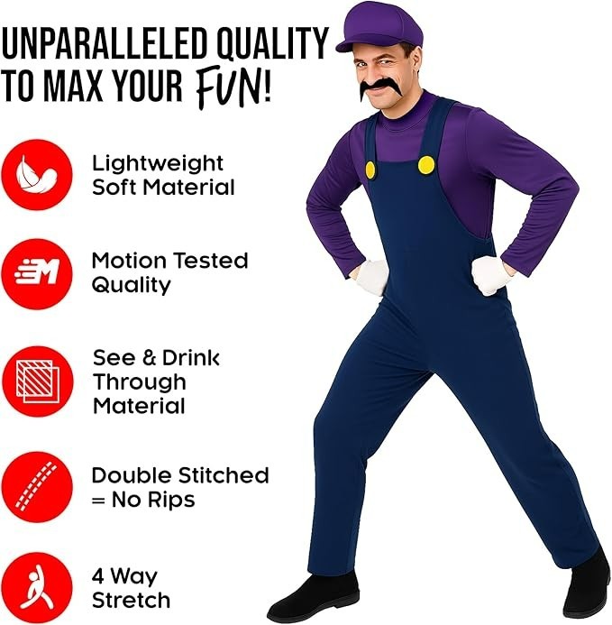 Adult Super Mario Brothers Waluigi Costume Men`s Purple Plumber + Hat Mustache