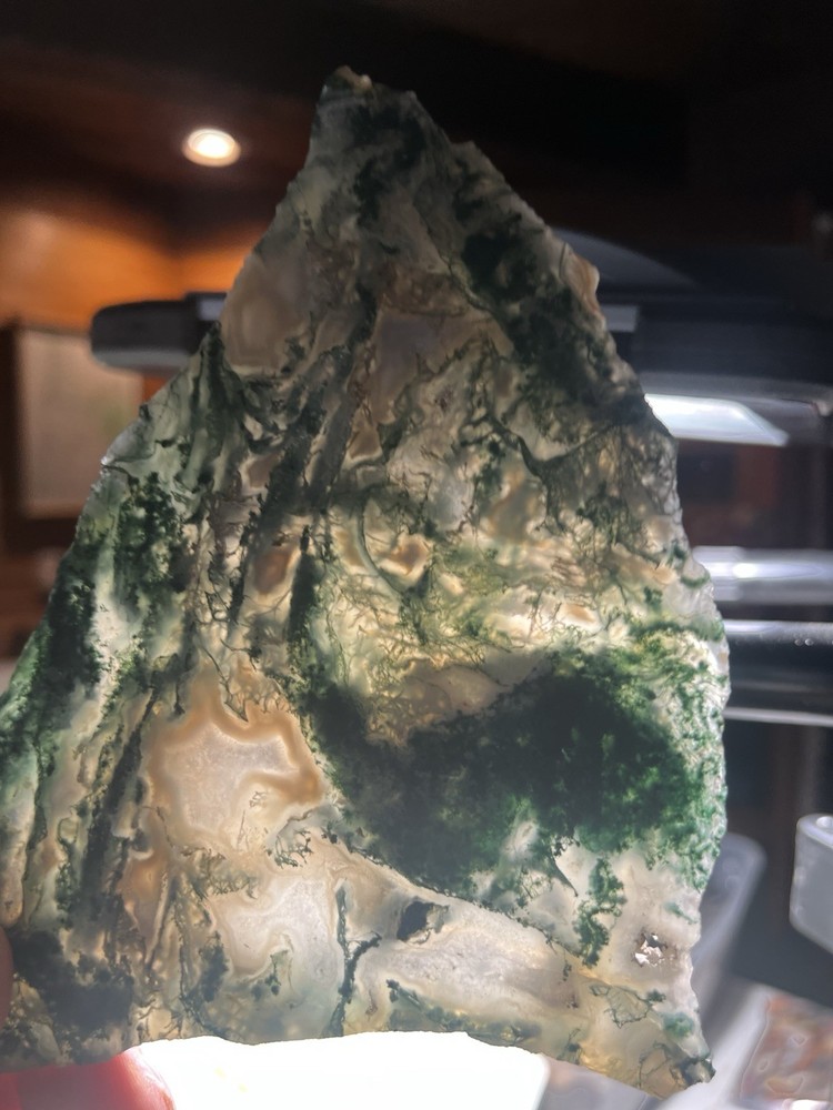 Green Moss Agate Slab 290g India, amazing patterns, partially translucent