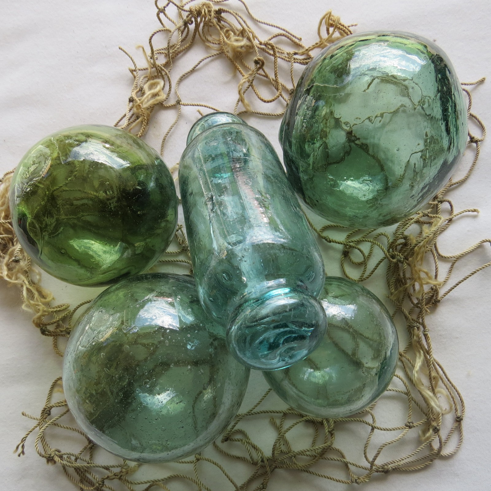 JAPANESE GLASS Fishing FLOATS Mixed Shades & Sizes (5) w/Inclusions Antiques!