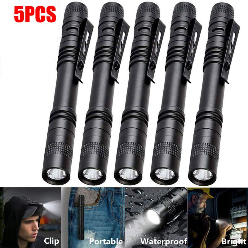 5X Mini LED Flashlight Powerful Camping Small Torch Clip Penlight Pocket Light