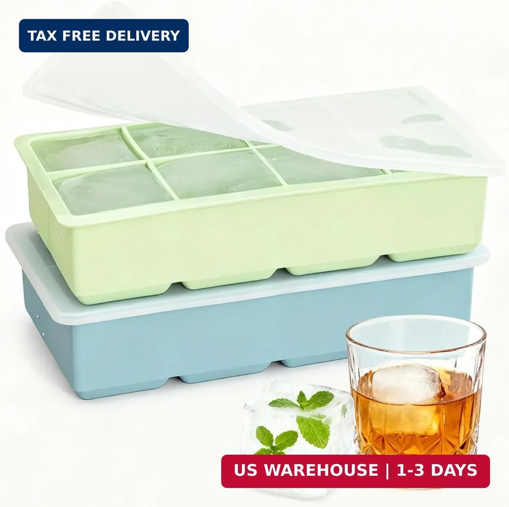 Large Square Ice Cube Molds (2-Pack),Silicone Ice Cube Trays for Freezer with Li