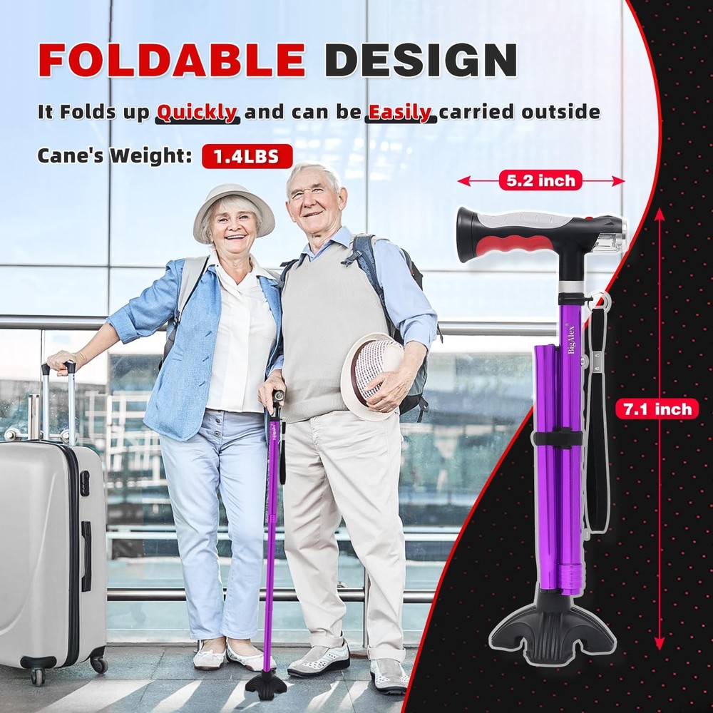 Folding Walking Cane with Two Led Lights for Elderly Solid Base Adjustable Wa...
