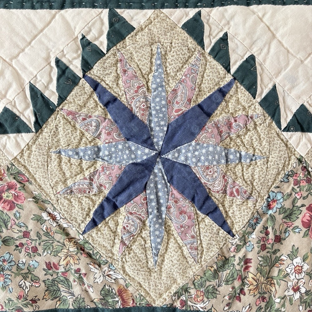 Vintage Mariner’s Compass Quilt King Size Patchwork Medallion Green Blue