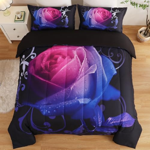 Gradient Rose Comforter Set King Reversible Pink & Blue Rose Pattern Printed