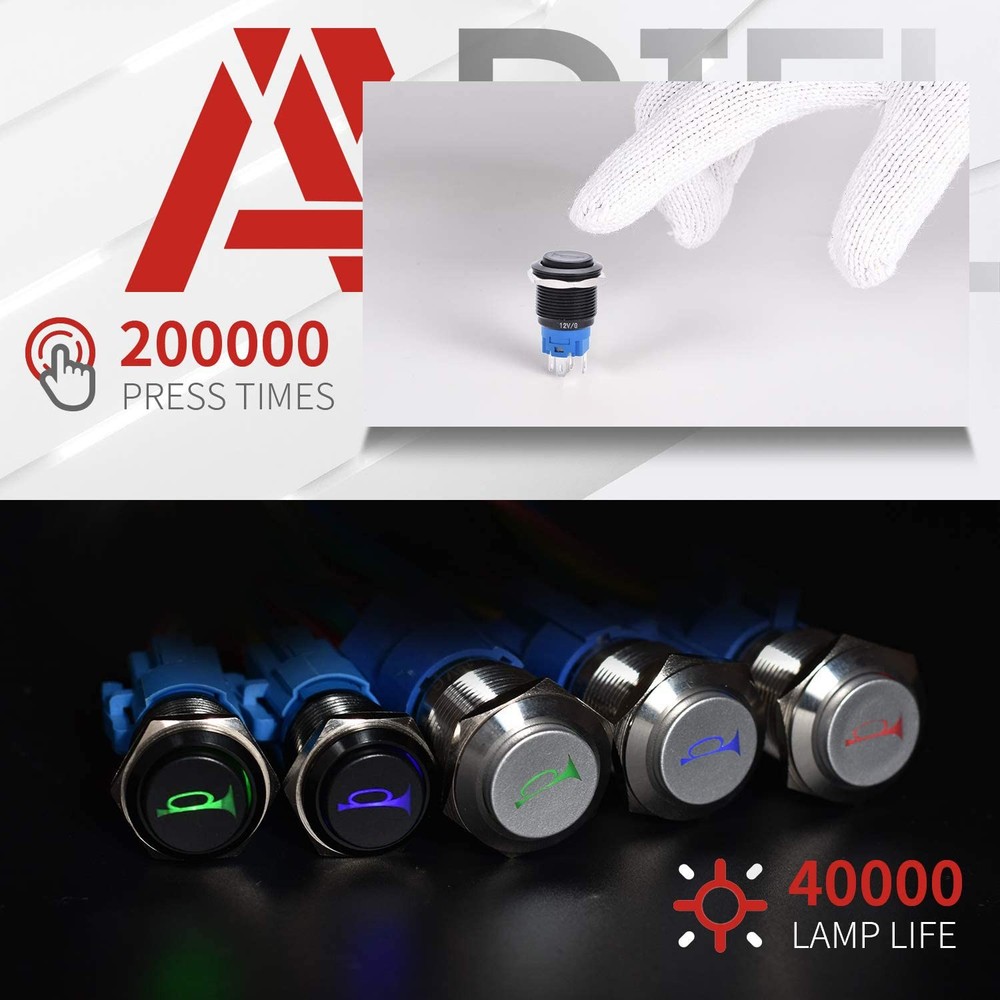 16mm 12V Momentary Speaker Horn Push Button Toggle Blue/Silver Shell 16MM