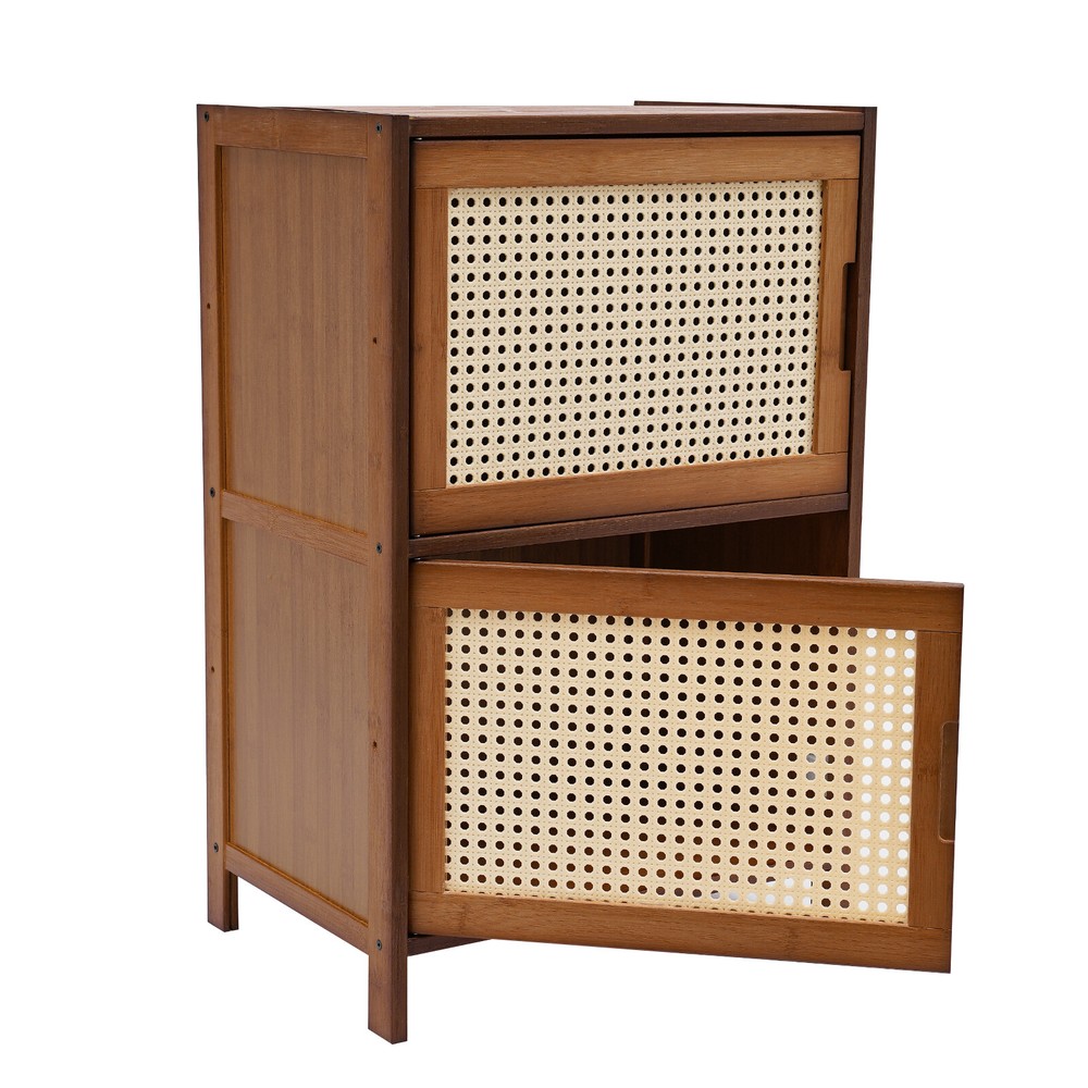 Nightstand With Decor Drawers Rattan Pattern End Table - Bamboo Sofa Side Table