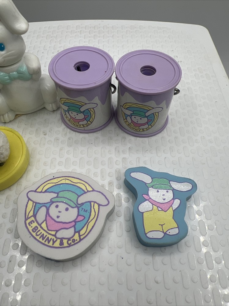 Vintage Easter E Bunny Co Pencil Sharpener Lot Erasers Wind Up Stamp Egg