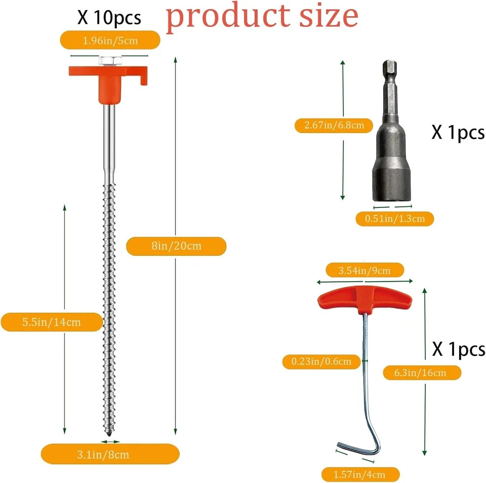 8-Inch Heavy Duty Screw-In Tent Stakes 10-Pack Ground Pegs