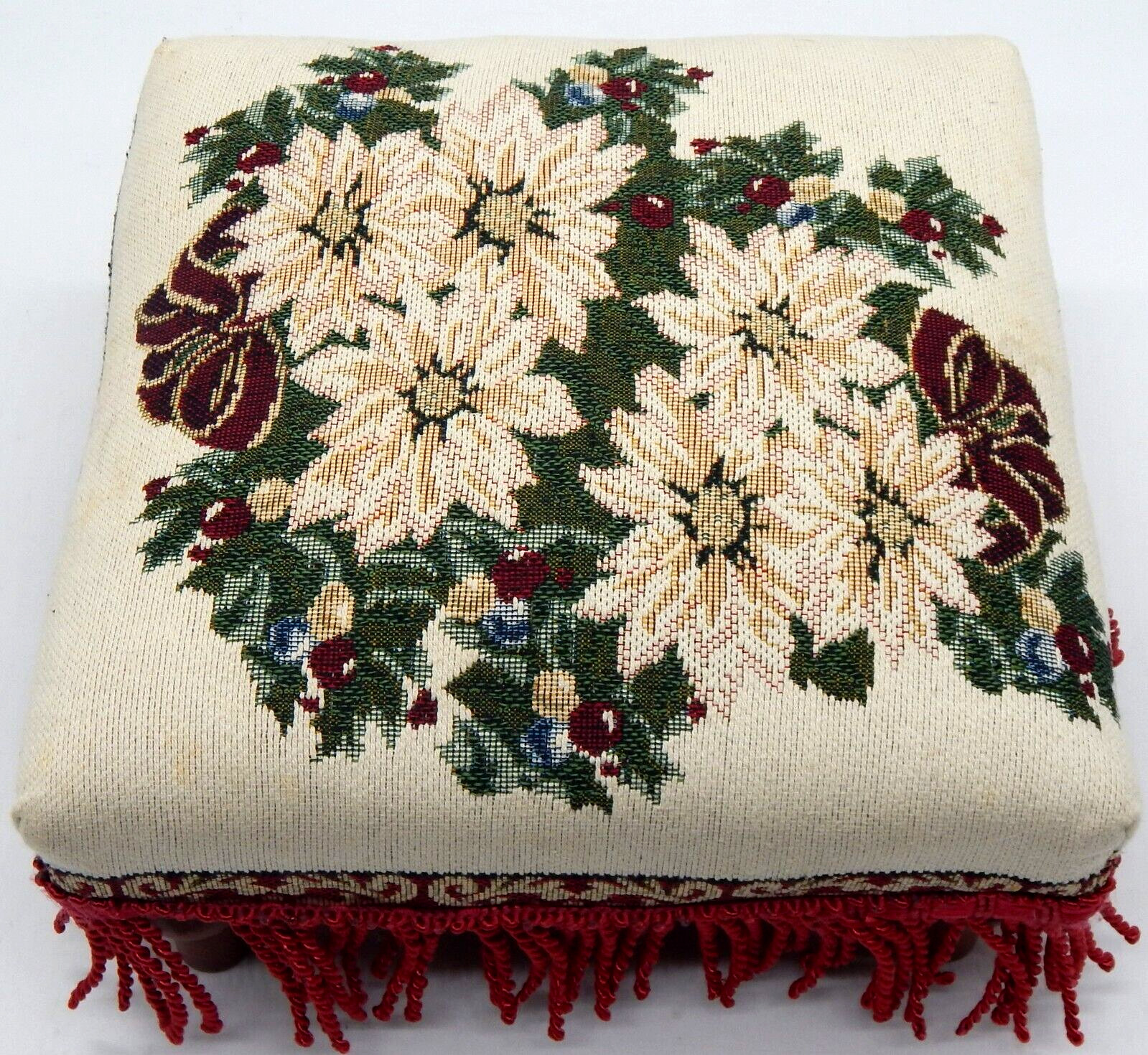Vintage Needlepoint Square Footstool Wooden Floral Print Fringed Ottman