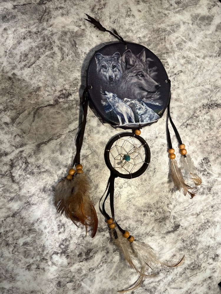 Wolf Theme Webbed Dream Catcher - Small Size - Preowned Native American