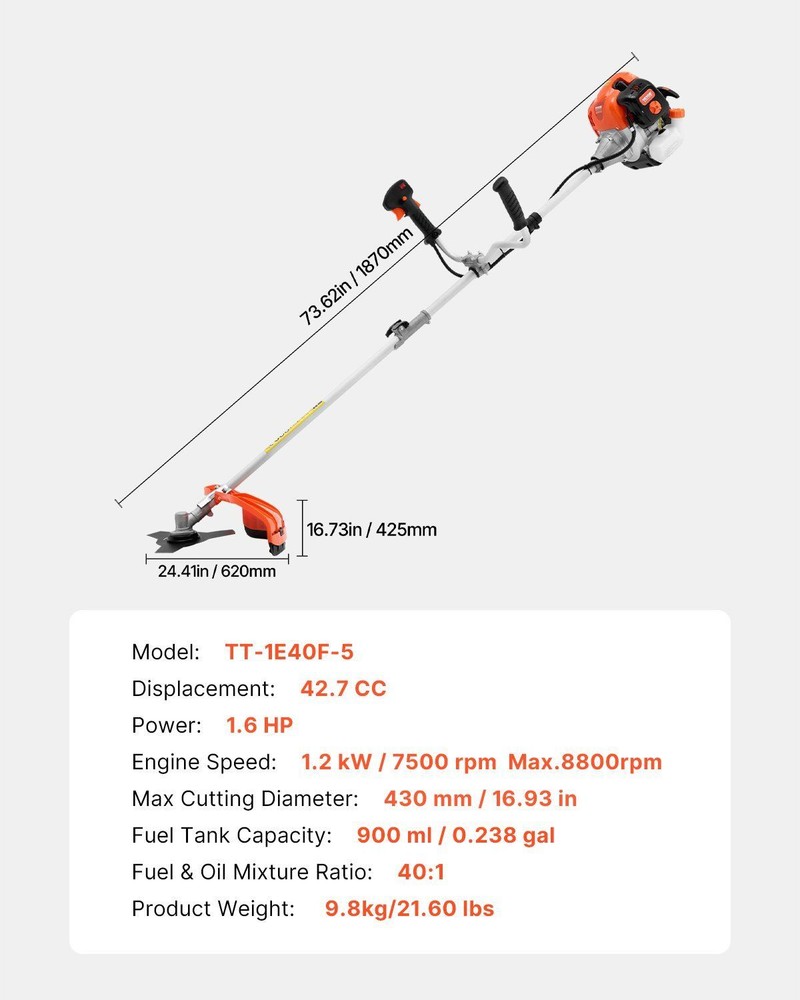 Multi-Functional String Trimmer 42.7CC 2-Stroke 16.9" Cordless Grass Trimmer