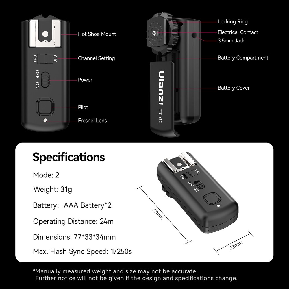 Ulanzi TT01 Wireless Flash Trigger Studio Flash/Camera Trigger for Camera